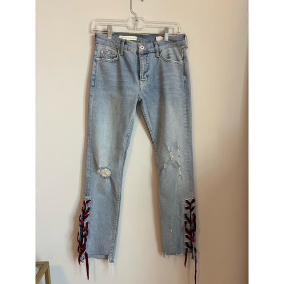 Anthropologie Pilcro Velvet Tie Laced Denim Sz 26 Mid Rise‎ Slim Straight Jeans - Picture 1 of 9